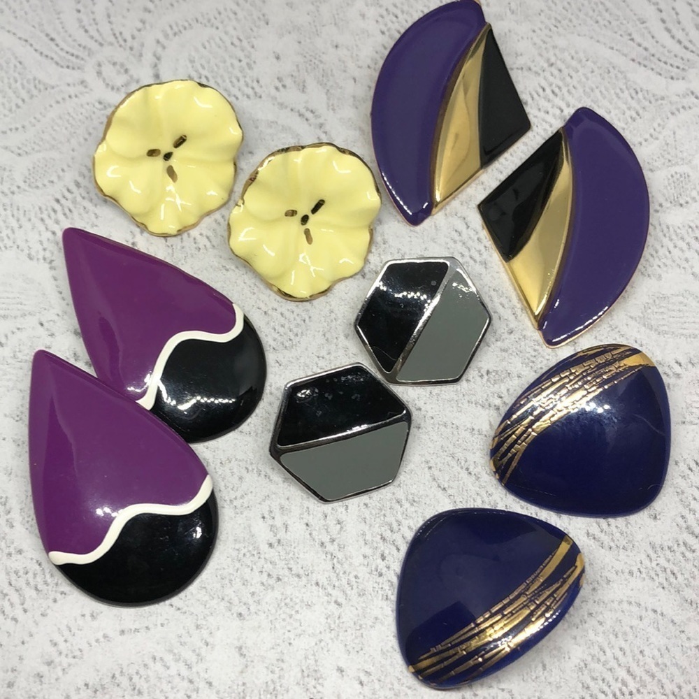 BUNDLE lot 5 vintage enamel earrings statement flower + geometric modernist.